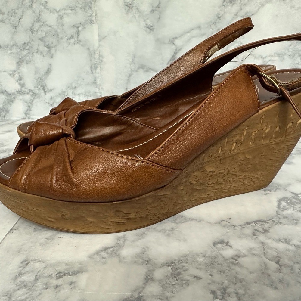 Carvela Wedge Sandals Size 39 Tan Leather Peep Toe Knot Slingback‎ Made in Italy